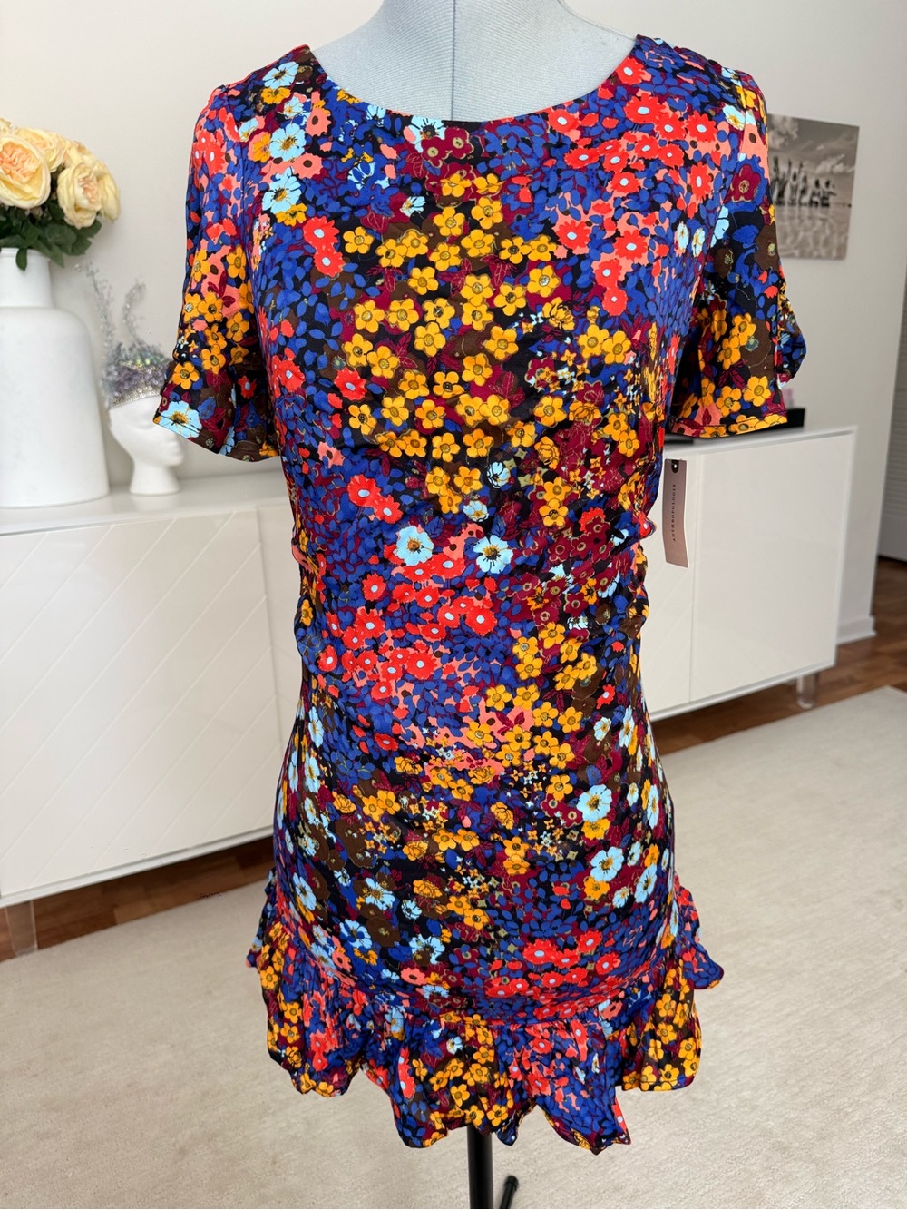 NWT Anthropologie Ruffled Satin Floral Mini Dress 2 Tie Back